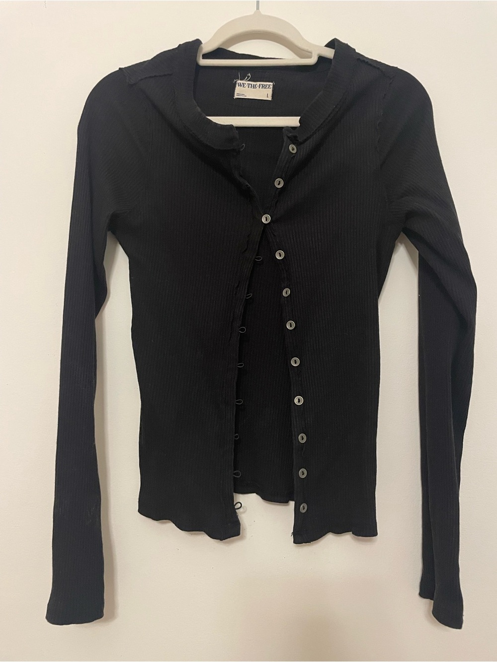 We The Free Black Ribbed Button-Up Long Sleeve Top